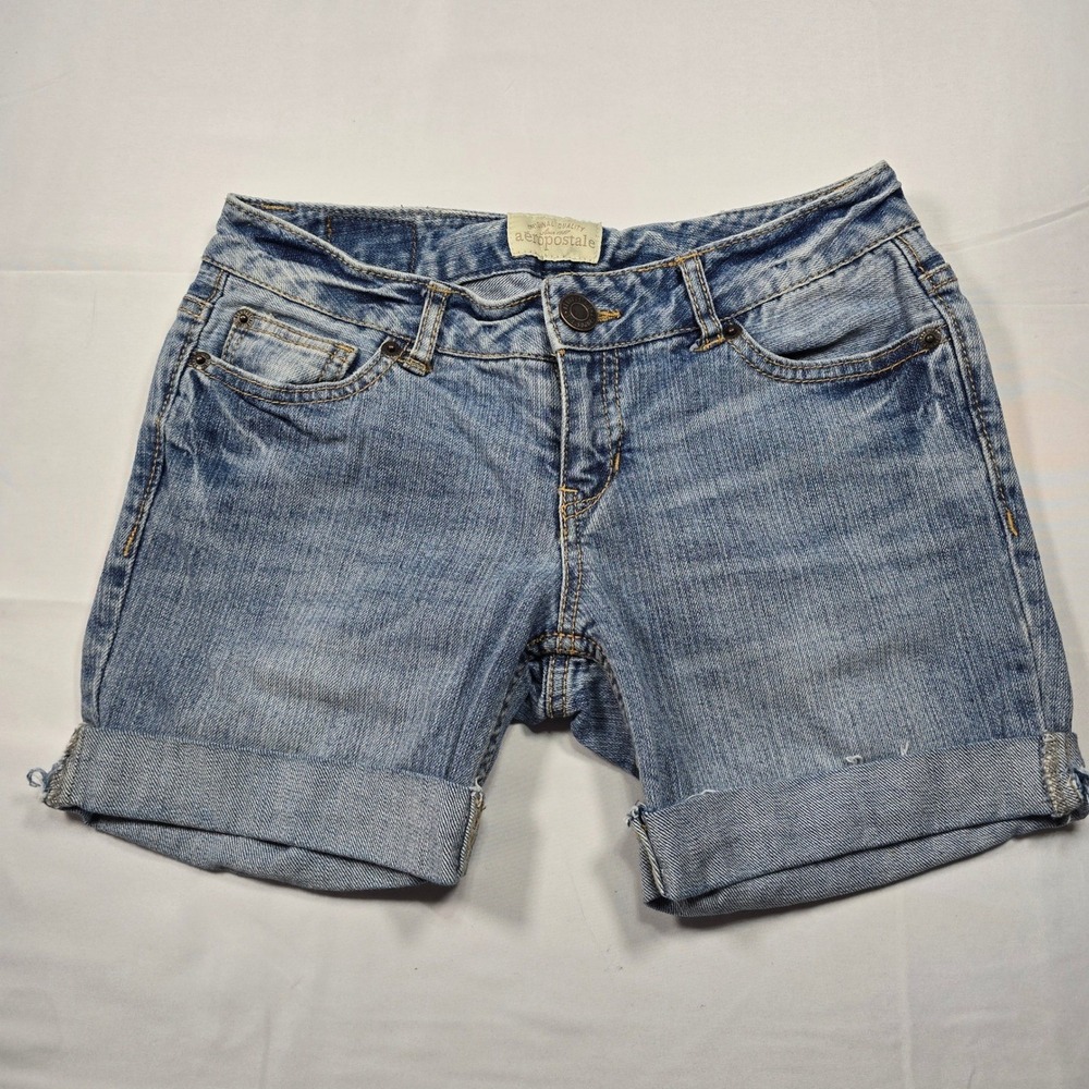 Y2k Aeropostale Womens Size 0 Short Denim Cuffed Jean Shorts Light Wash Low Rise